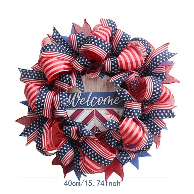 Décoration Patriotique, Couronne Patriotique Tyeign pour Porte d'Entrée, Couronne du 4 Juillet avec Feuilles Florales Rouges, Bleues et Blanches, Couronne de la Fête de l'Indépendance, Déco de Porte pour Mur de Maison, Décoration de Fête Bleue