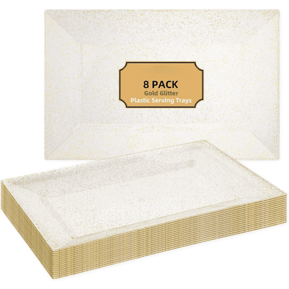 8 PCS Plastic Serving Trays for Party, Gold Glitter Rim Disposable Serving Platter, Plastic Tray for Food Fruit Trays for Serving for Party, 12.85 x 8 inches