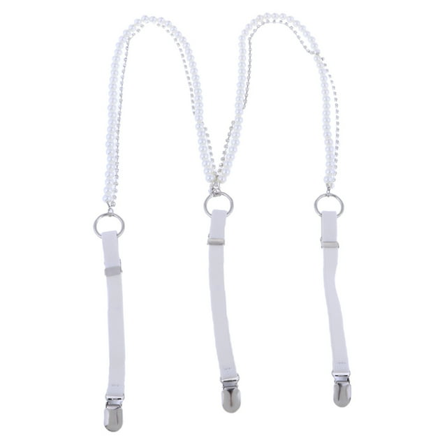 Adjustable Pearl Womens Rhinestone Trouser Elastic Y-BACK Suspenders White