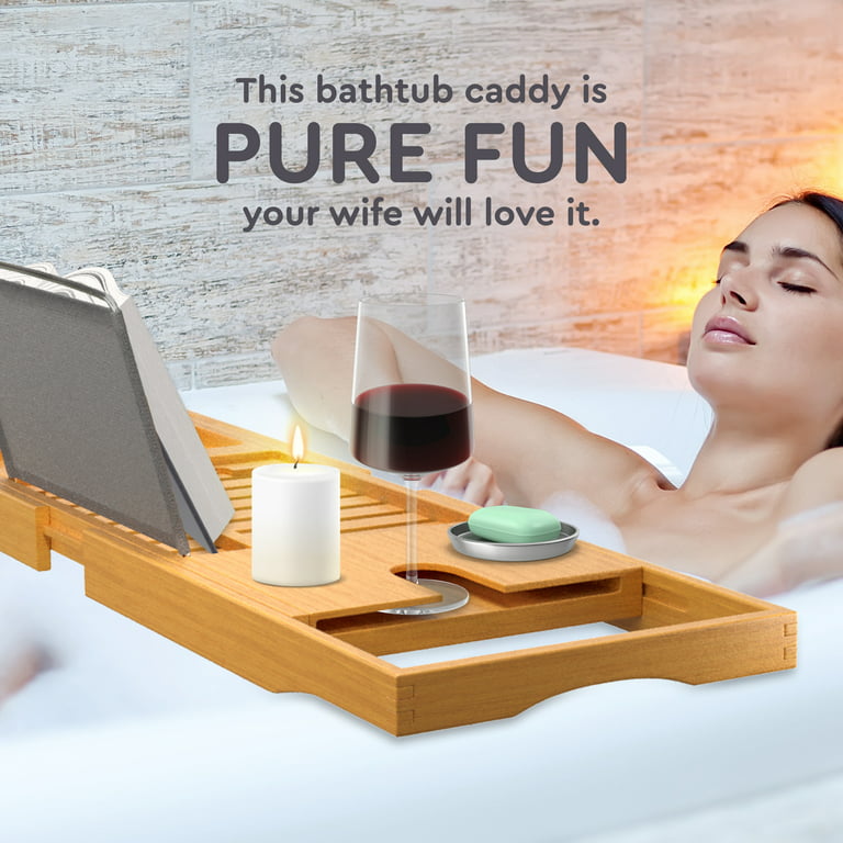 Bambusi Bamboo Bathtub Tray With Extending Sides, Reading Rack, Tablet  Holder, Cellphone Tray & Integrated Wine Glass Holder.