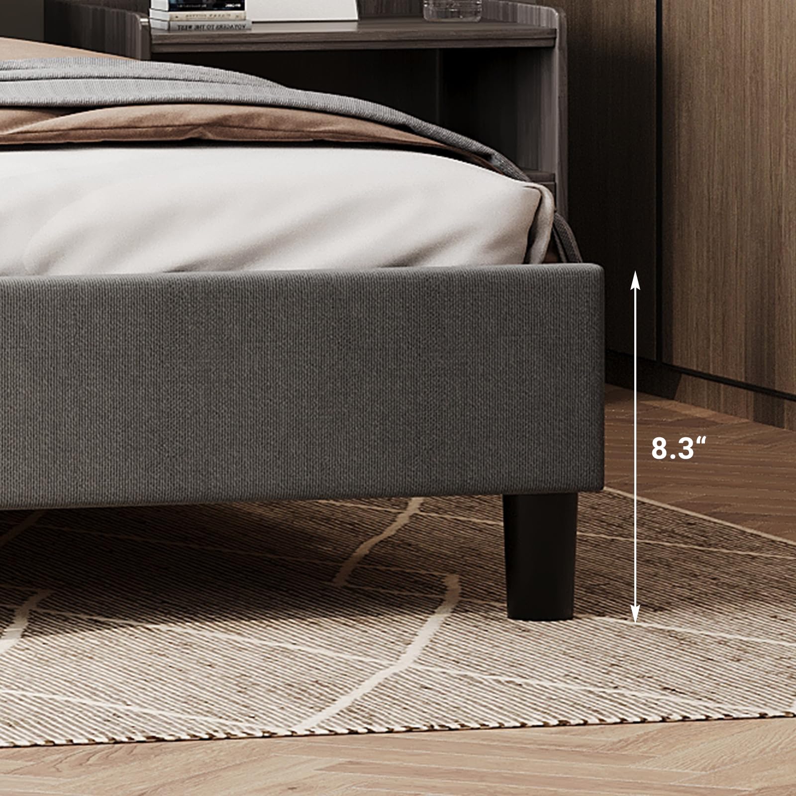 Queen Size Upholstered Platform Bed Frame with Soft Padded Diagonal Headboard,Noise-Free Wooden Slat Bed Frame