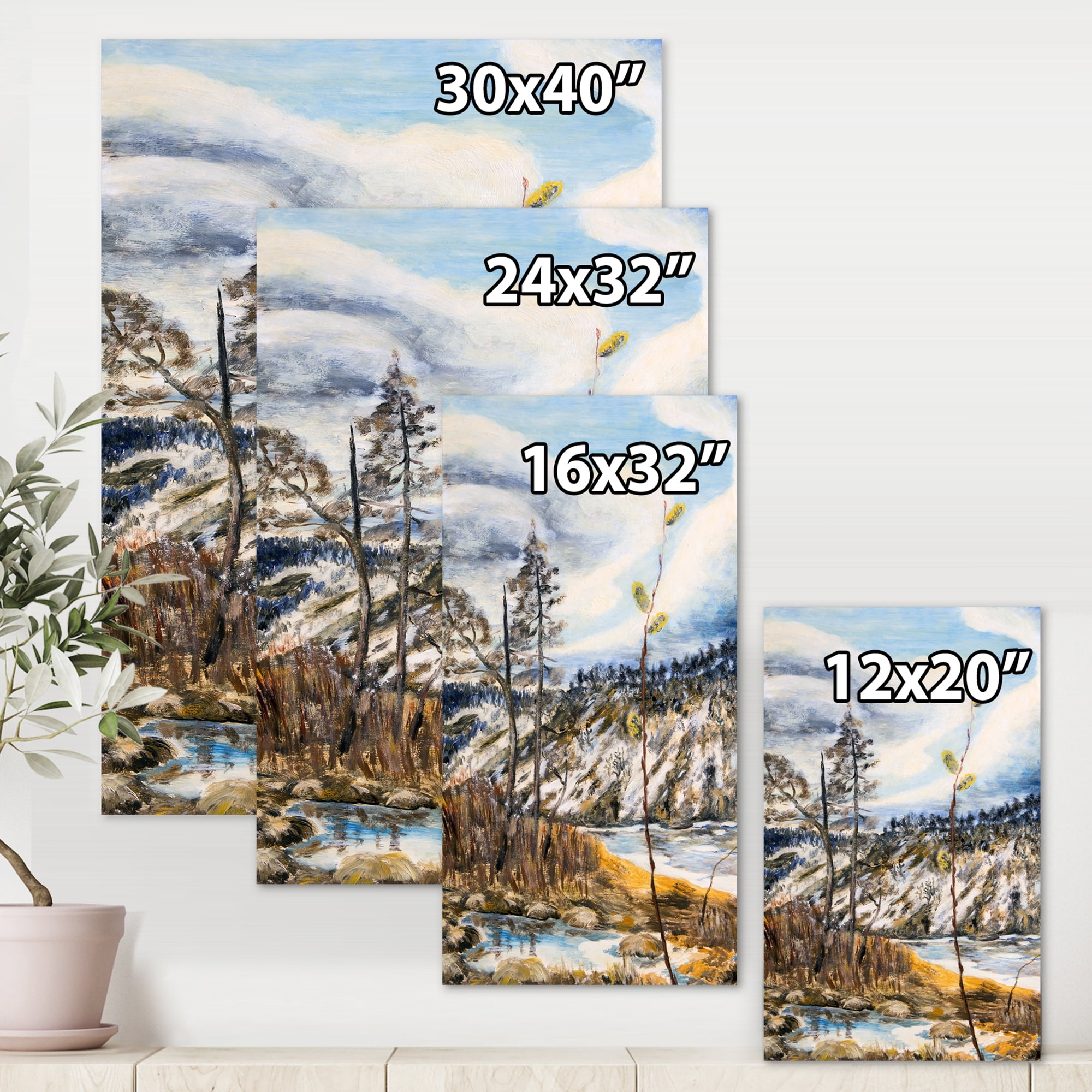 Designart ' The Cloudy Sky and The River With Spring Landscape ' Lake House Canvas Wall Art Print