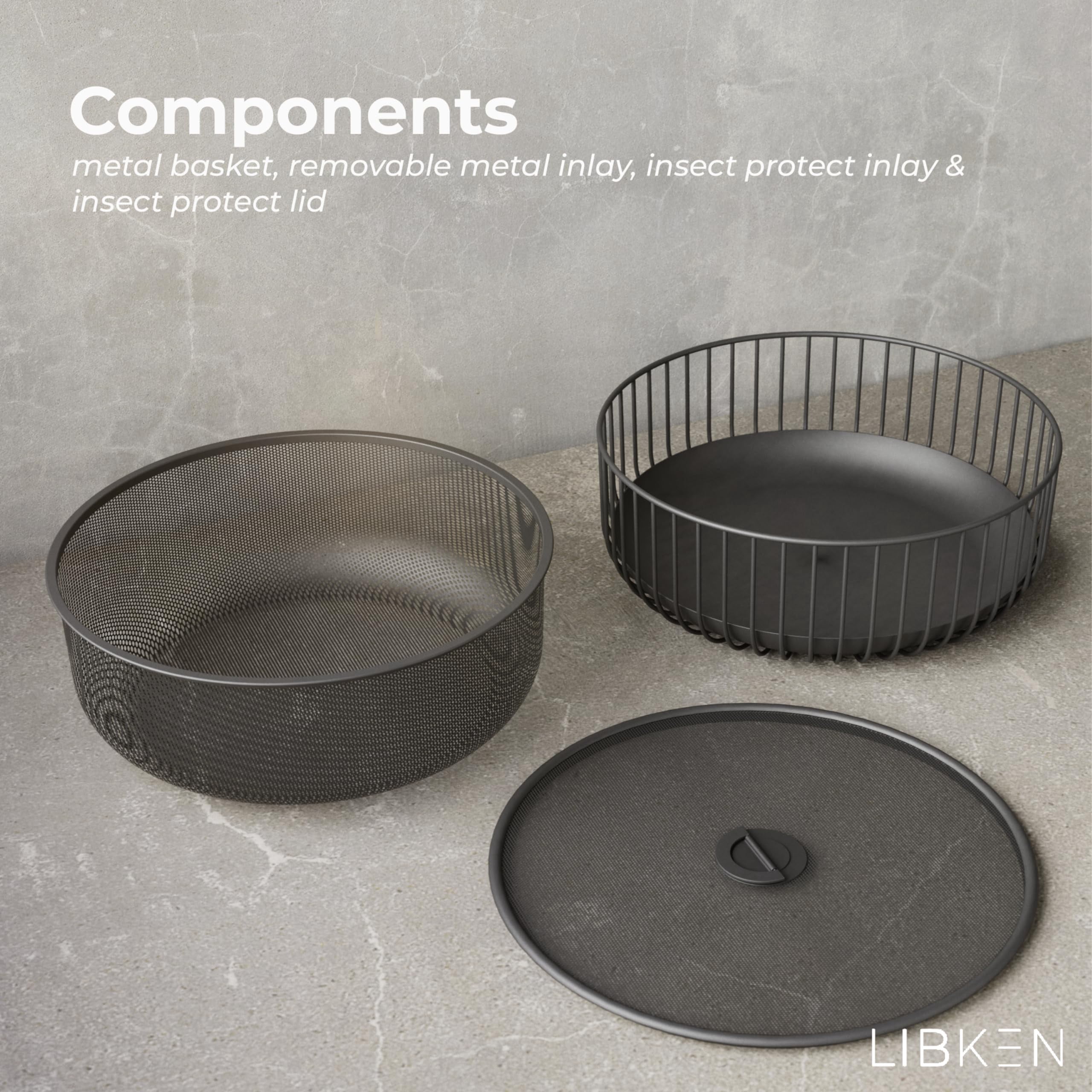 LIBKEN Metal Fruit Bowl with Mesh Lid and Basket - Fruit and Vegetable Holder for Kitchen Counter - Versatile and Durable Storage Basket Organizer for Fruit, Veggie, Snacks - 11x11x4-Inch (Warm Gray)