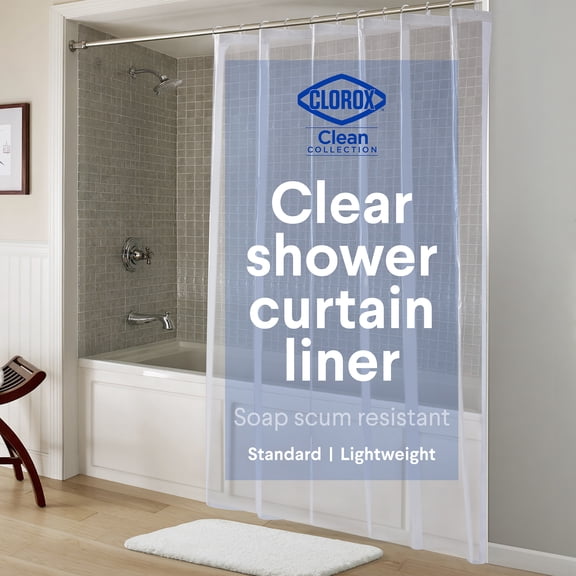 Clorox Clean Shower Lightweight PEVA Liner & Hook Set, Standard 70" x 72" & 12 C Hooks - Clear