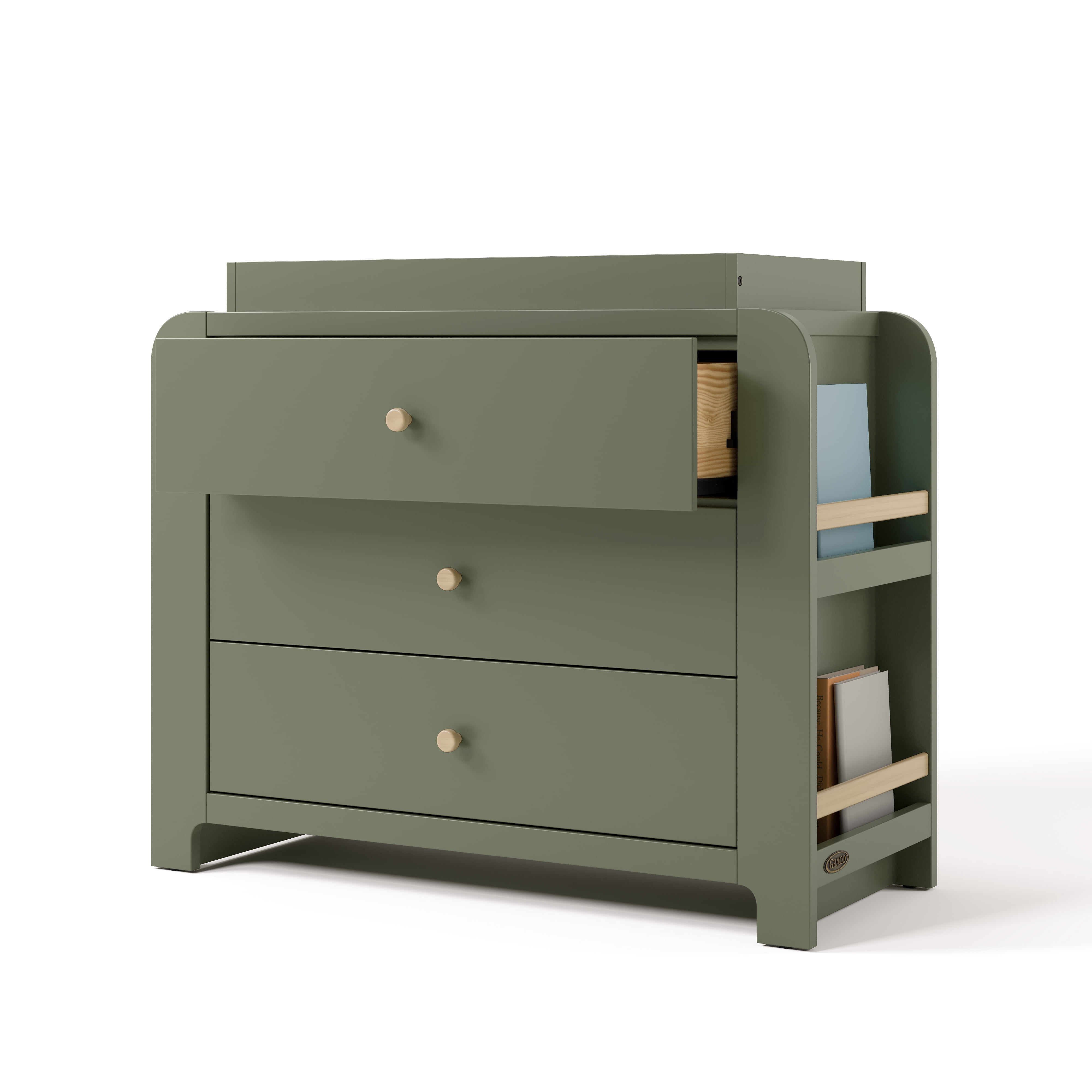 Graco Read-with-Me 3 Drawer Chest with Bookshelves and Removable Changing Topper, Olive with Driftwood