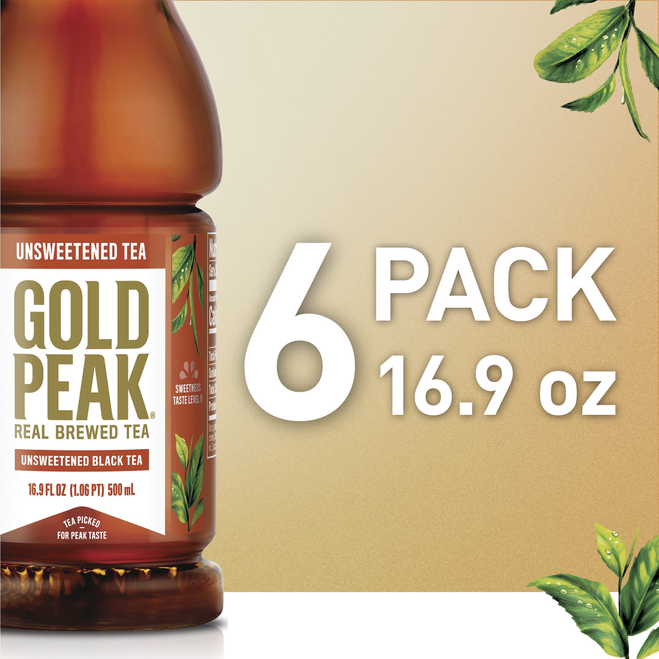 Gold Peak Iced Tea, Unsweetened Tea Bottles, 16.9 fl oz, 6 Pack