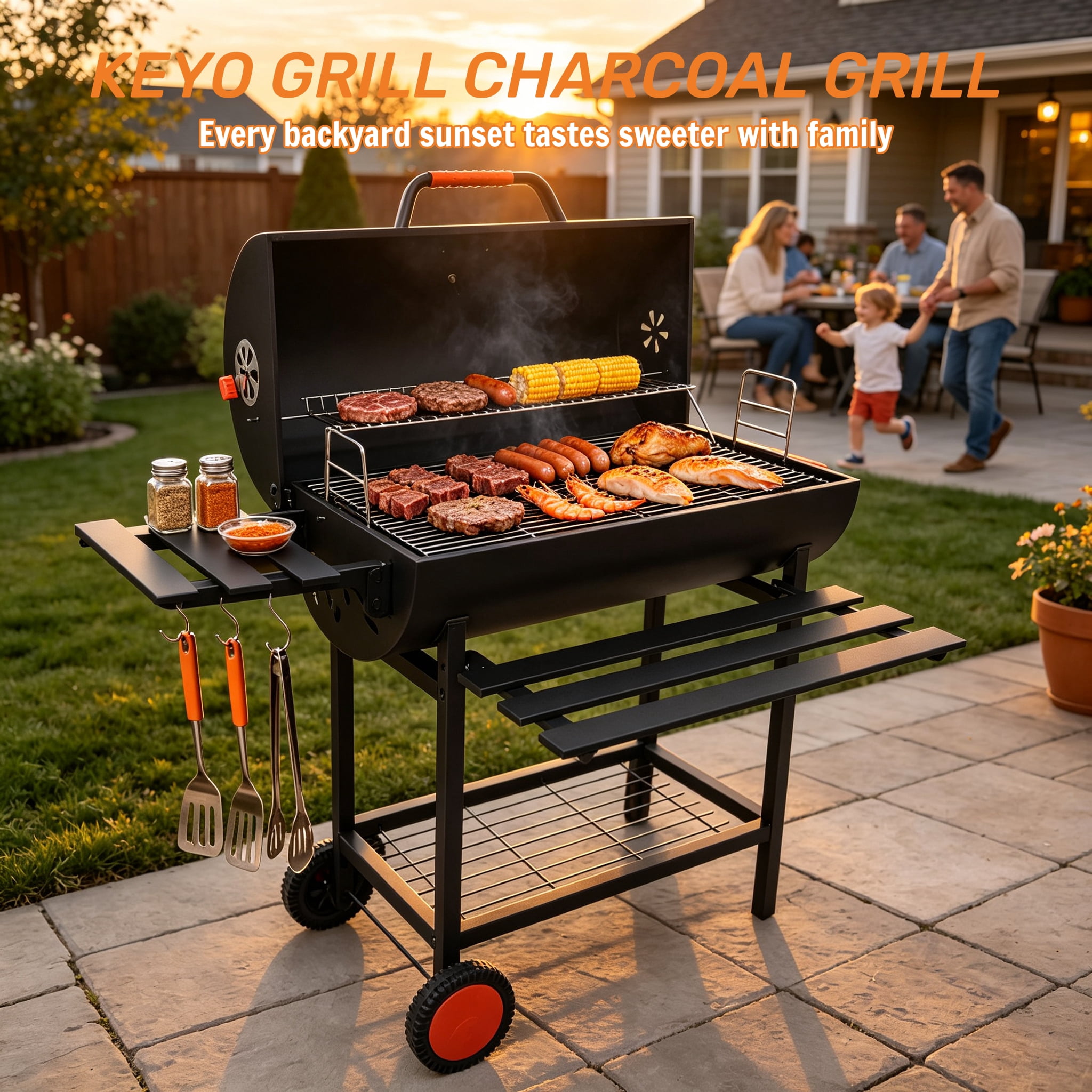 KEYO GRILL 537 SQ in Charcoal Grill with Adjustable Height Charcoal Pan, Foldable Side Shelf for Backyard, Black