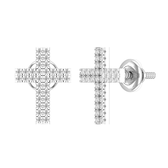Dazzlingrock Collection Double Row Round White Diamond Religious Cross Screw Back Stud Earrings (0.19 Ctw, Color I-J, Clarity I1-I2) for Women in 14K White Gold