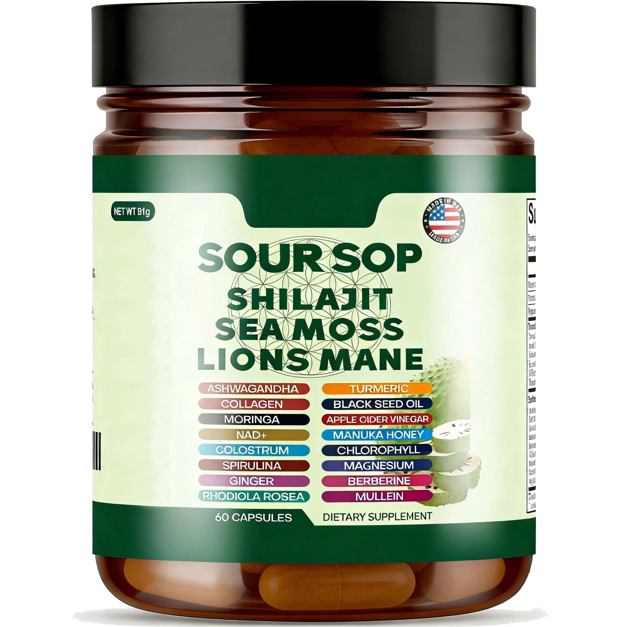 24-in-1 Soursop Capsules with Shilajit, Sea Moss, Lions Mane, Ashwagandha, Elderberry, Vitamin C, D3 & Magnesium | 20:1 Extracts | Daily Wellness Support for Adults | Non-GMO