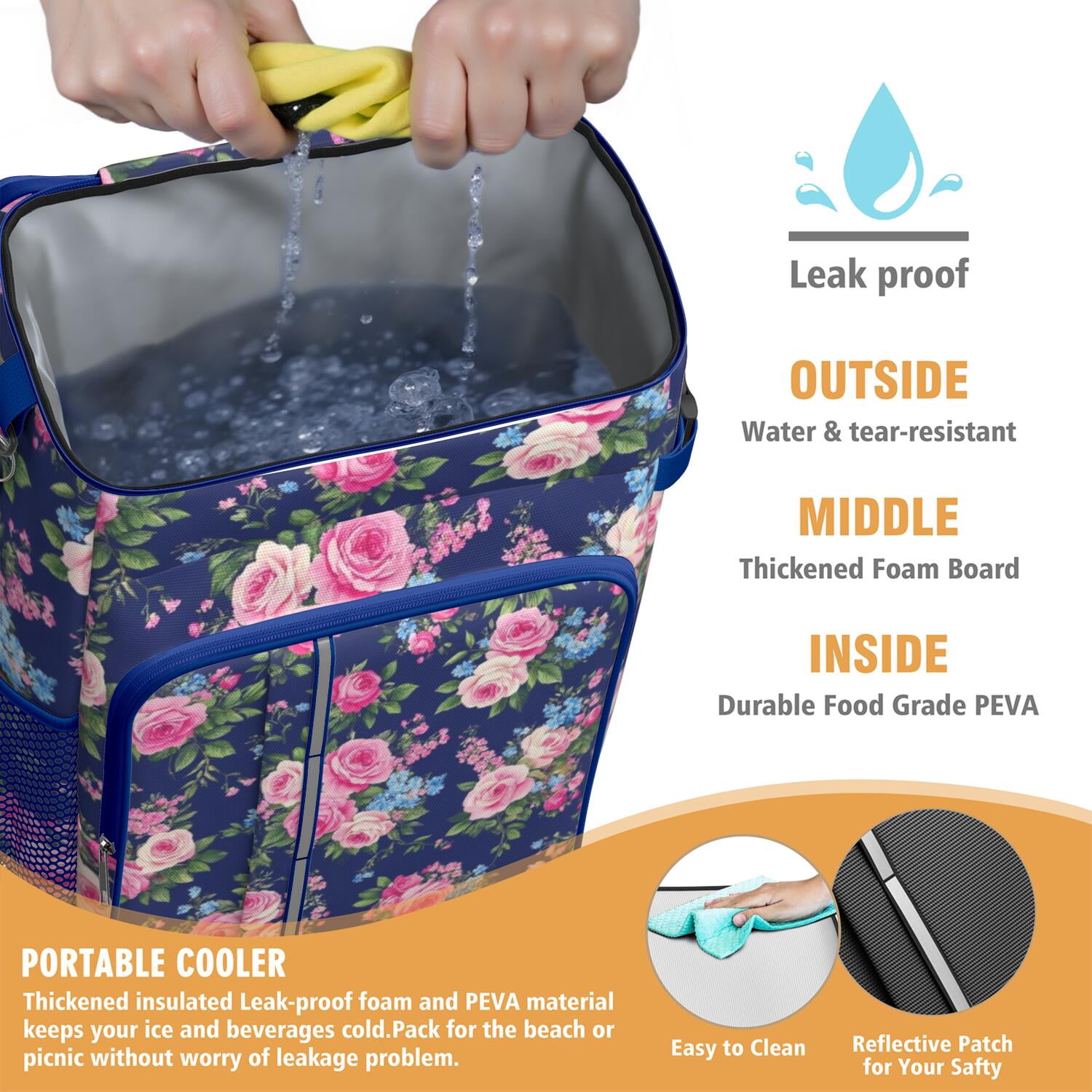 Travel Cooler Bag - Pioneer Flower Floral Print Pattern Camping Beer Cooler Backpack with Bottle Opener- Waterproof Insulated Picnic Backpacks - Cooler Bag for Beach