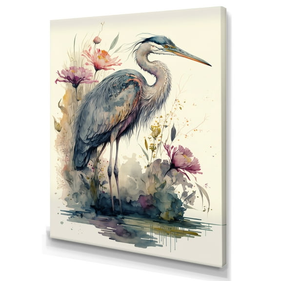 Designart Cute Heron Floral Art V Canvas Wall Art