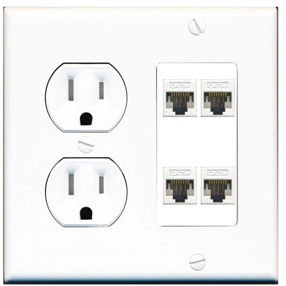 Ultra Spec Cables 4 Port Cat5e Ethernet RJ45 Wall Plate w/Tamper Resistant Power Outlet