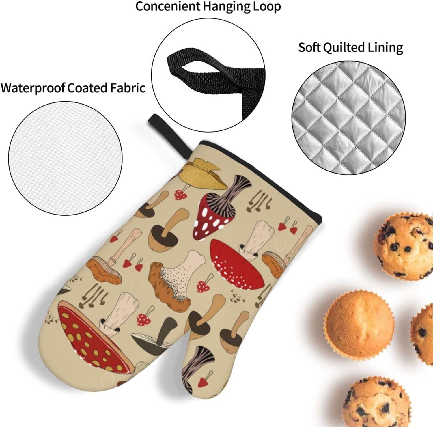 Various Mushroom Art Oven Mitts and Pot Holders Sets of 4 High Heat Resistant Oven Mitts with Oven Gloves and Hot Pads Polyester Potholders for Kitchen Baking Grilling BBQ Non-Slip Cooking Mitts