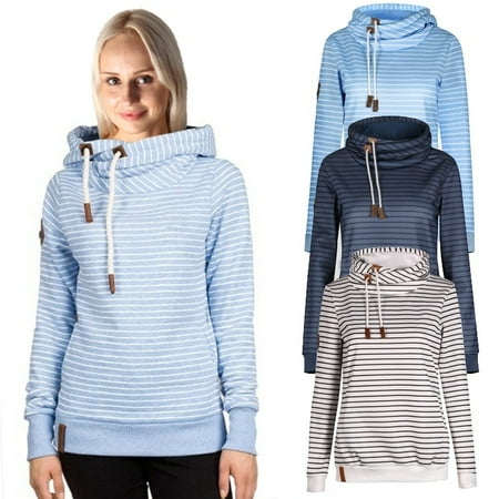 Drawstring Hooded Sweater Women's Fashion Long Sleeve Stripe Drawstring High Collar Sweater Hoodie Tops Printed Hooded Warm Cardigan Pullover ()