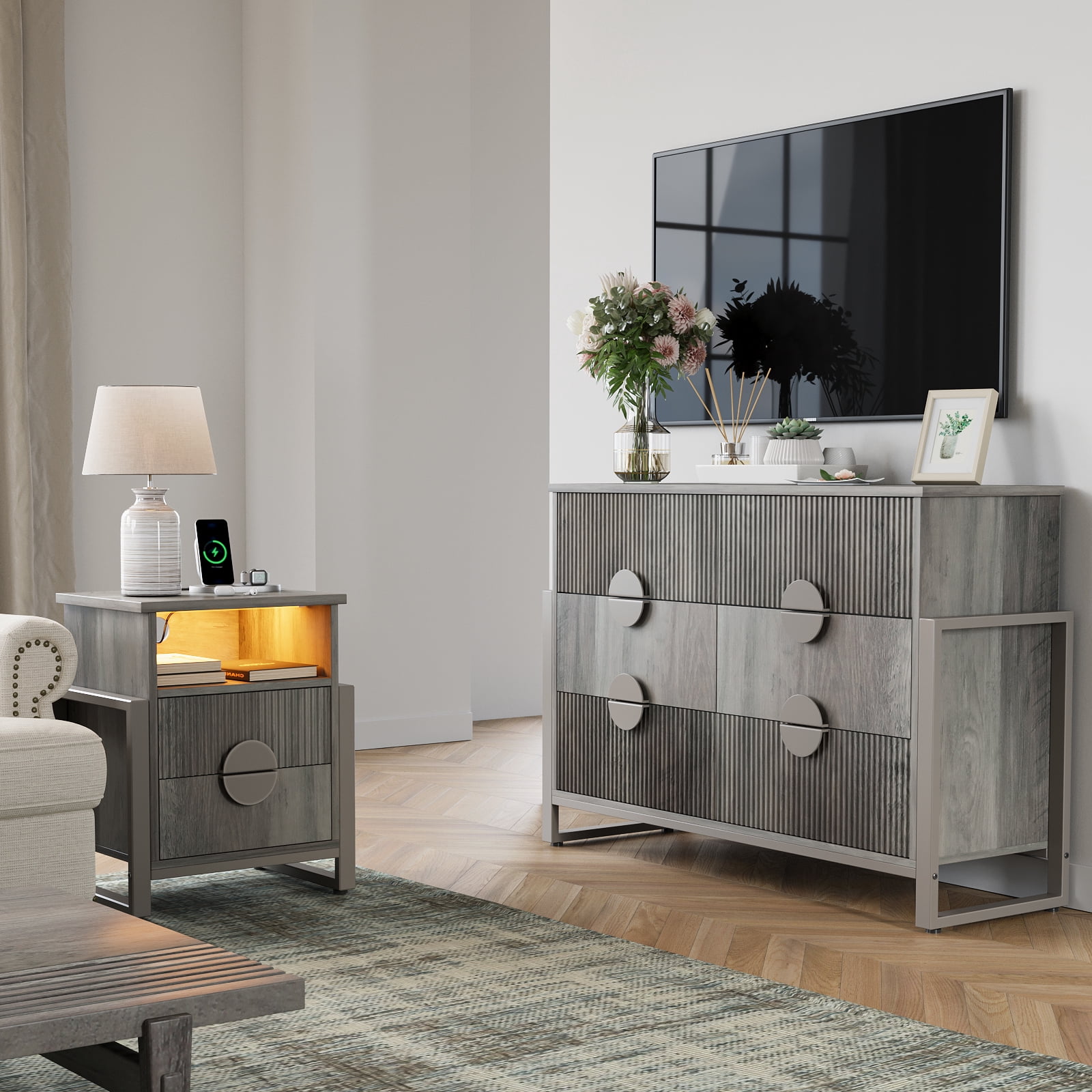 Holliwill 2-Piece Dresser Nightstand Set, Modern Bedroom Furniture Set Wide 6 Drawer Dresser & 2 Drawer Nightstands with Outlets LED Lights, Fluted Wood Chest of Drawers for Bedroom, Gray