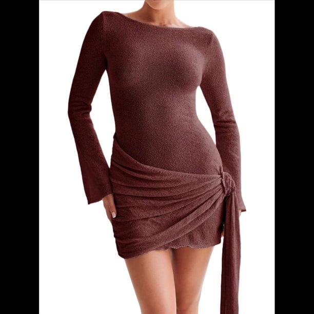Vestido Mini Plisado Sin Espalda para Mujer, de Larga, Tejido A Crochet, Sexy, para Fiesta Marrón Rojizo L