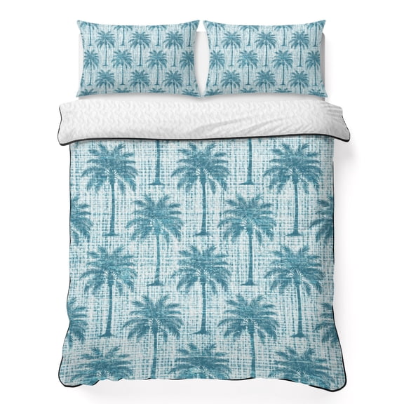 Quilts King Size Bedding Set, Tropical Palm Trees Lightweight Quilted Comforter, Summer Coastal Teal Vintage Soft Reversible Bedspread Coverlet with Pillow Covers for All Season, 96" x 106"