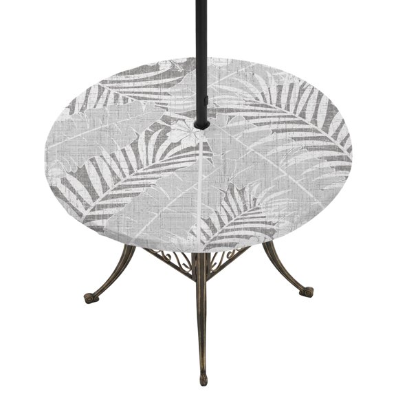 Round Outdoor Tablecloth with Umbrella Hole and Zipper, Gray Palm Tree Tablecloth with Elastic Waterproof, Summer Tropical Plants Leaves Vintage Flowers Patio Table Covers for 31" - 35" Pool Tables