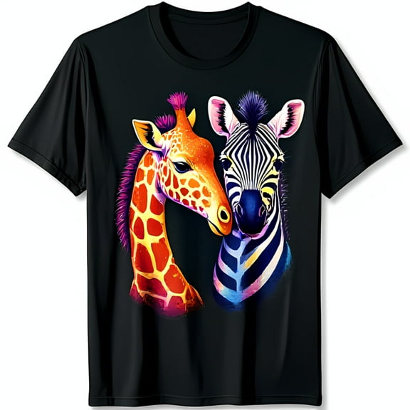 Vibrant Giraffe & Zebra Graphic Tee Black T-Shirt with Close Up Animal Faces