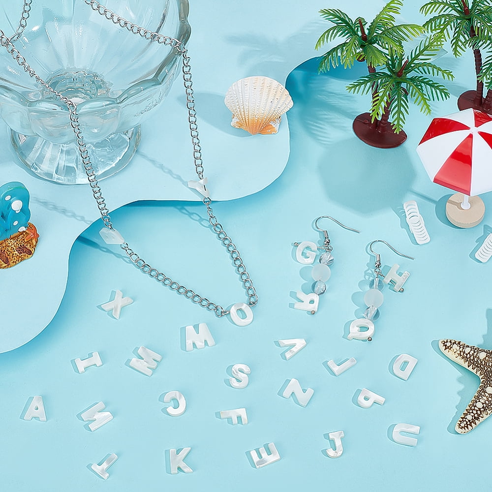 26Pcs 26 Styles Natural White Shell Beads Initial Top Drilled Seashell Color Letter A~Z 10~11x6~12x2~2.5mm Hole: 0.5~0.9mm 1pc/style