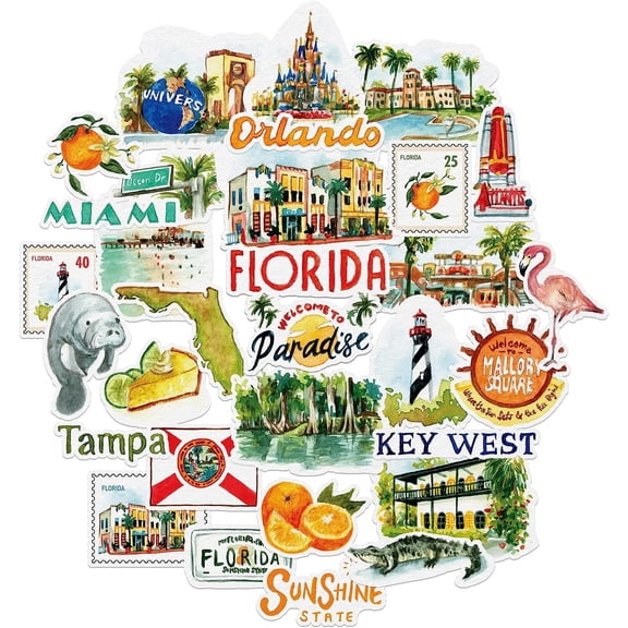 Navy Peony Retro Florida State Travel Stickers (31 Pieces) - Watercolor, Waterproof Decals for Scrapbooks