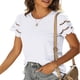thumbnail image 3 of Camiseta informal de manga corta con cuello redondo y encaje para mujer, Tops de verano de Color puro para ir de compras y citas, 3 of 6