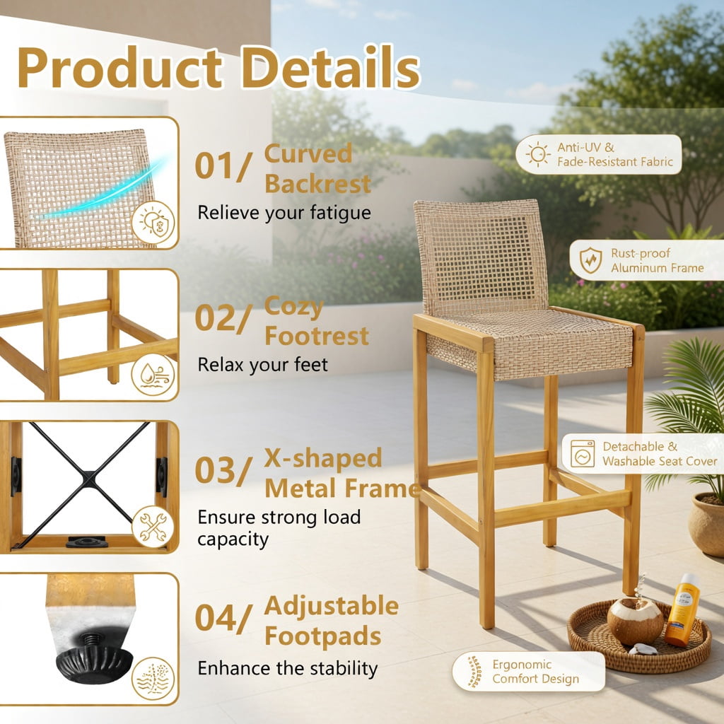 Hommoo 2-Pack PE Rattan & Teak Acacia Wood Bar Stools with Backrest, Indoor/Outdoor Patio Dining Chairs, Ergonomic Design, Light Brown