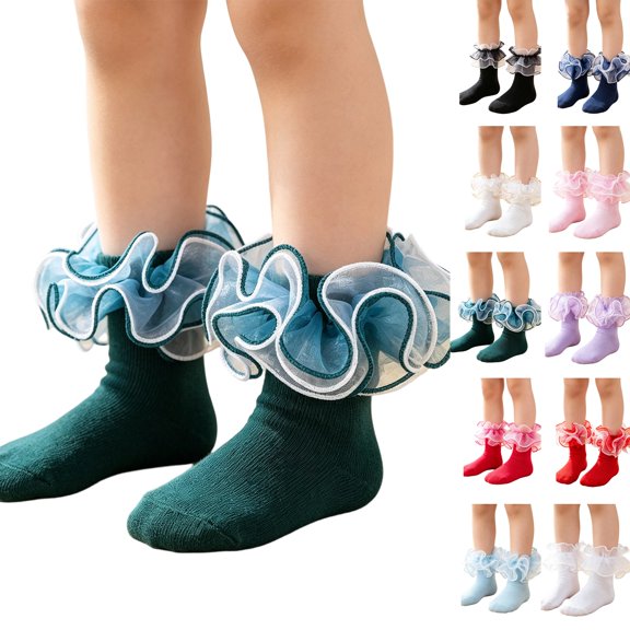 Girls Princess Ruffle Lace Ankle Socks, Cute Organza Frilly Trim Short Socks, Kids Ballet Dance Dress Socks, Soft Breathable Cotton Fashion Party Costume Socks for Girls Dark Green L