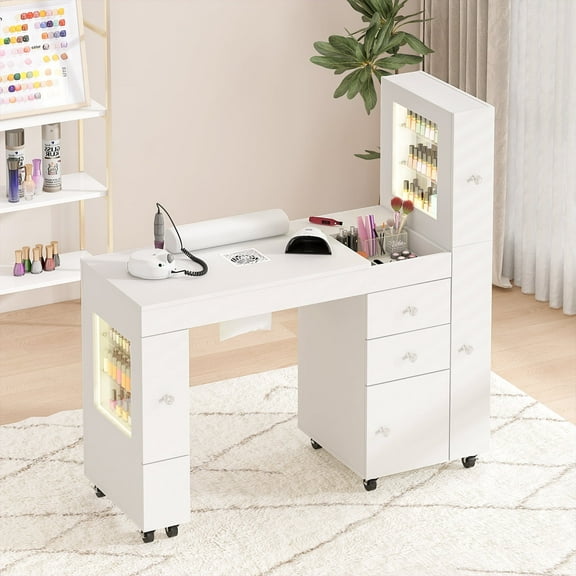 Advwin Modern Manicure Table with RGB Light Display Cabinets, Built-in Dust Collector, Lockable Wheels, Wrist Rest & Ample Storage, Acetone-Resistant Beauty Nail Salon Home Workstation, White