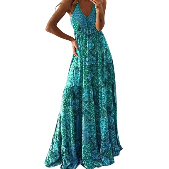 Dresses for Women Sexy V Neck Spaghetti Straps Dress Empire Waist Beach Sundress Maxi Long Dress-Green