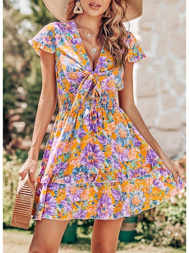 short dresses for beach vacation CUPSHE Women's Mini Dress V Neck Tropical Short Sleeve Loose Fit Ruffled Short Summer Beach Dress Black Tropical, XS at Amazon Women's Clothing store