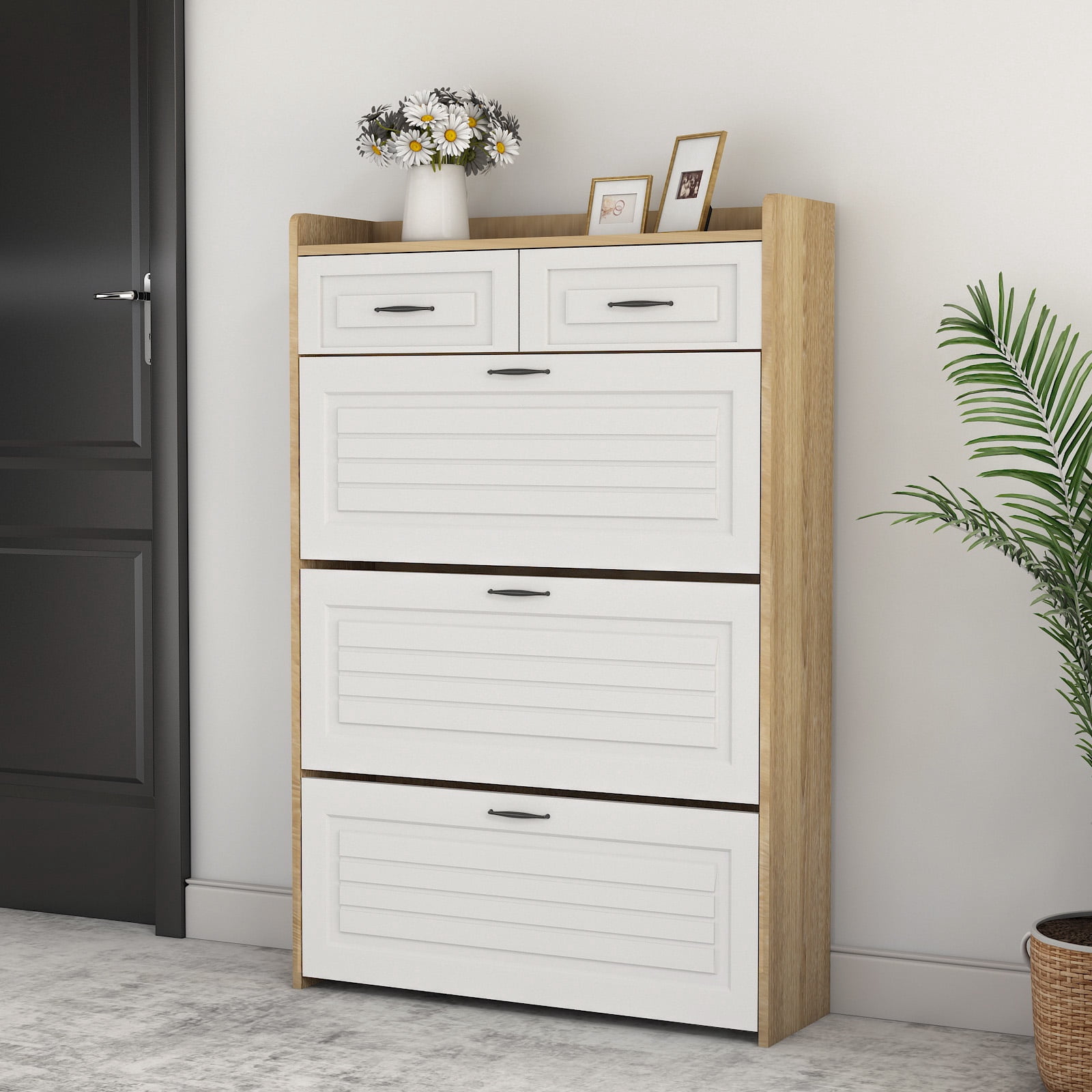 Aukfa 3 Flip Drawers Shoe Cabinet with Drawer for Entryway Free Standing Shoe Organizer - Light Brown