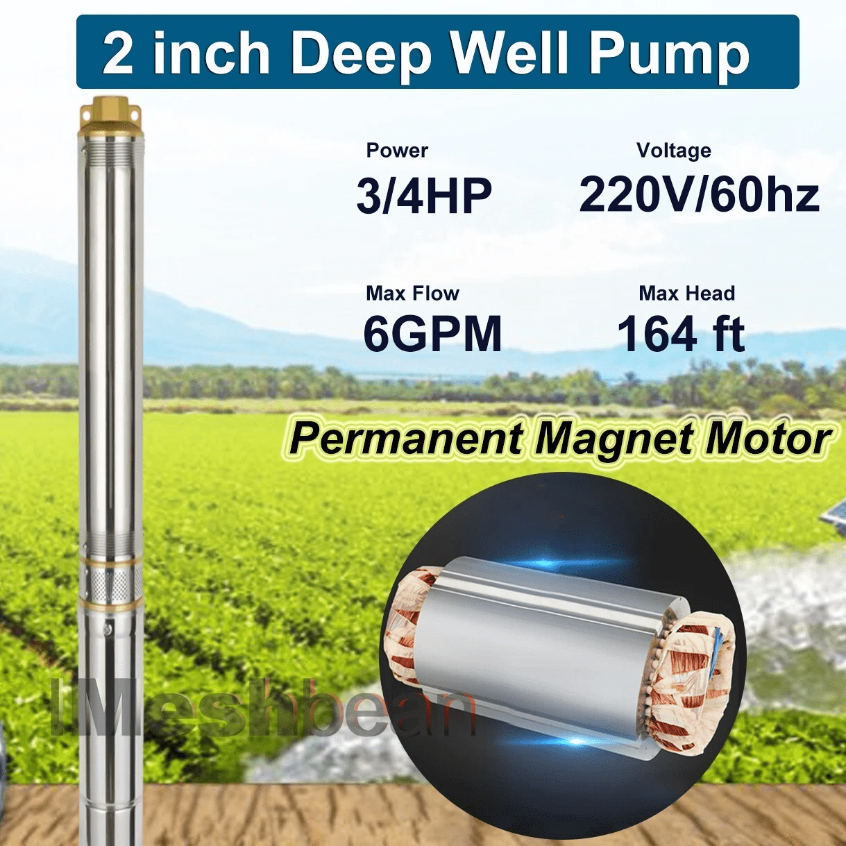 iMeshbean 3/4HP 2"OD Deep Well Submersible Pump, 220V, 360GPH,  6 GPM, 164FT Max, 26 Stage 50FT Cord
