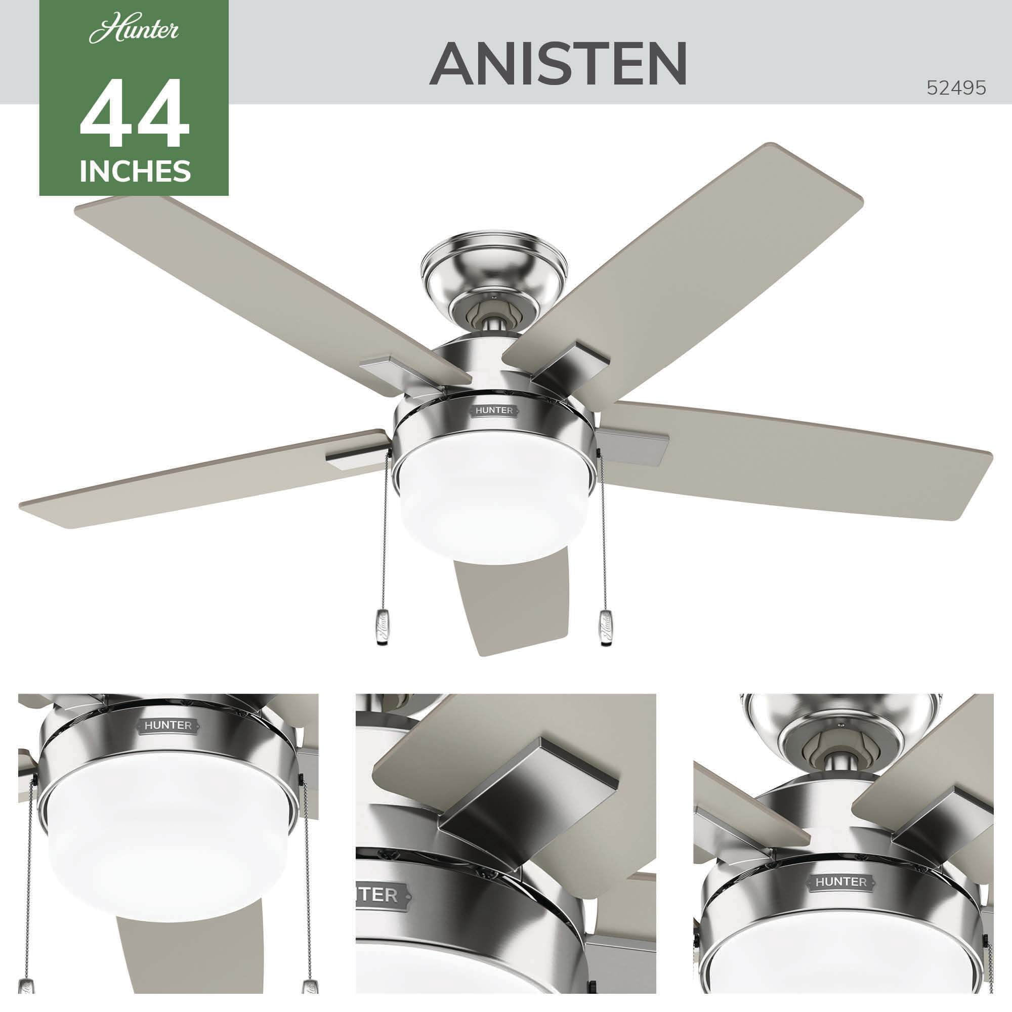 Hunter 44 inch Anisten Brushed Nickel Ceiling Fan with LED Light Kit and Pull Chain