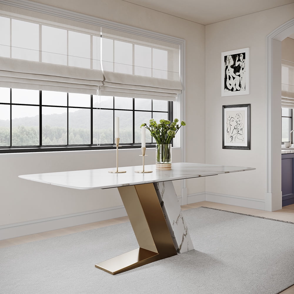 POVISON 71" Modern Luxury White Rectangular Dining Table with Glossy Sintered Stone Tabletop, White and Gold Z-shaped Stainless Steel Base