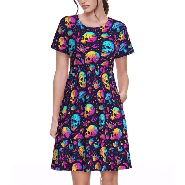 Easygdp mushroom Skull star para Vestido Transpirable de Mujer, Vestido Suelto de Manga Corta con Pliegues y Bolsillos para el Verano