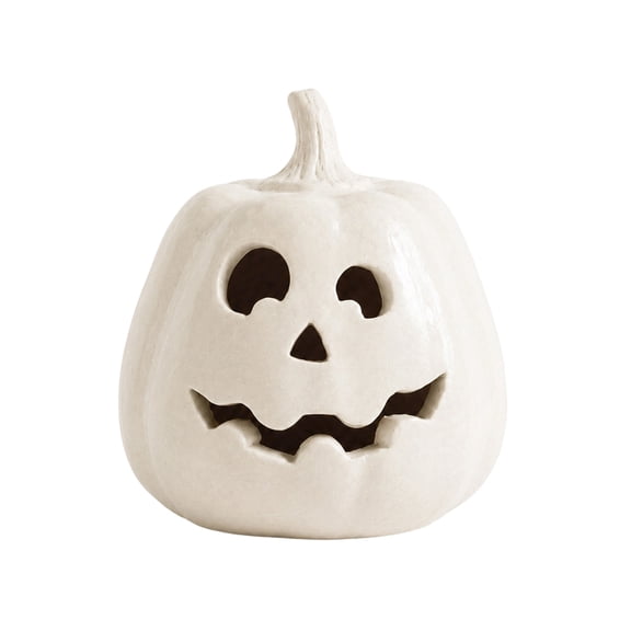 Halloween Pumpkin Ornament, White Resin Jack O Lantern Decoration, Cute Carved Pumpkin Light for Indoor Tabletop Fall Holiday Display