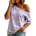 thumbnail image 2 of Yrmaups Loose Fit Short Sleeve T Shirt for Women, Off Shoulder Striped Casual Blouse, Comfy Soft Stretch Tee for Holiday Travel Daily Wear, Purple L, 2 of 8