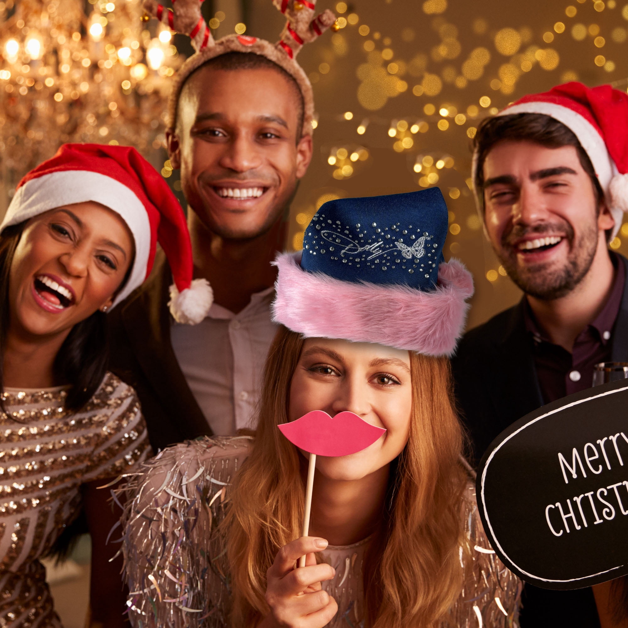 Dolly Parton Rhinestone Santa Hat with Pink Faux Fur Trim