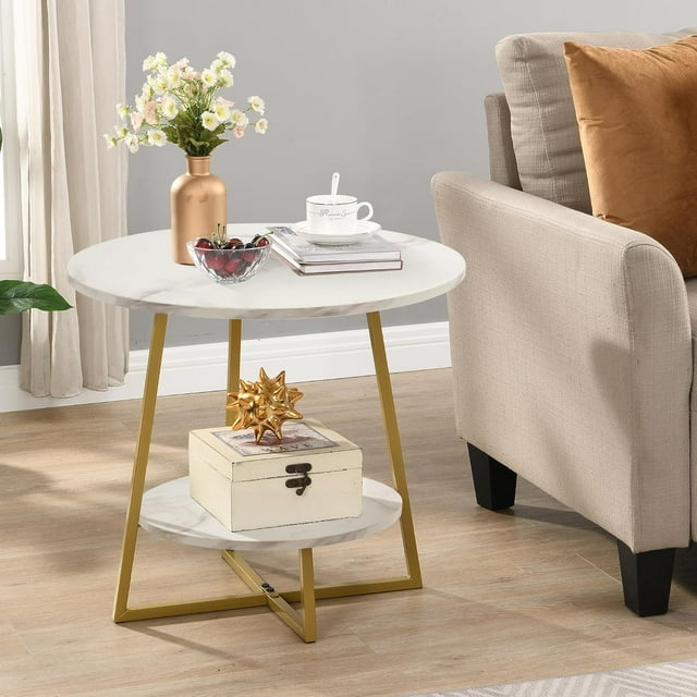 Tables d'Appoint d'Accent pour Salon, Table d'Appoint Ronde Moderne de 20 Pouces avec Cadres en Métal, Table de Chevet Ronde, Petite Table Basse pour Petits Espaces, Faux Marbre Blanc/or