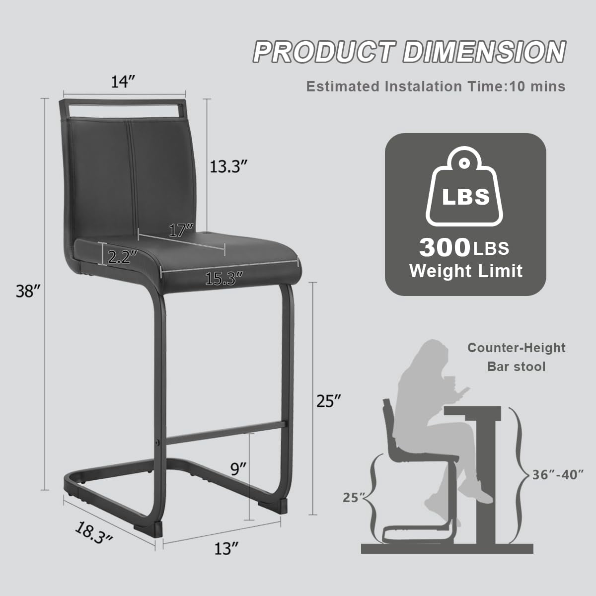 Lecut Counter Height Bar Stools Set of 2, 25" Modern Leather Upholstered Bar Stools with Back and Metal Frame, Kitchen Island Bar Stools for Dining Room, Pub, Bar