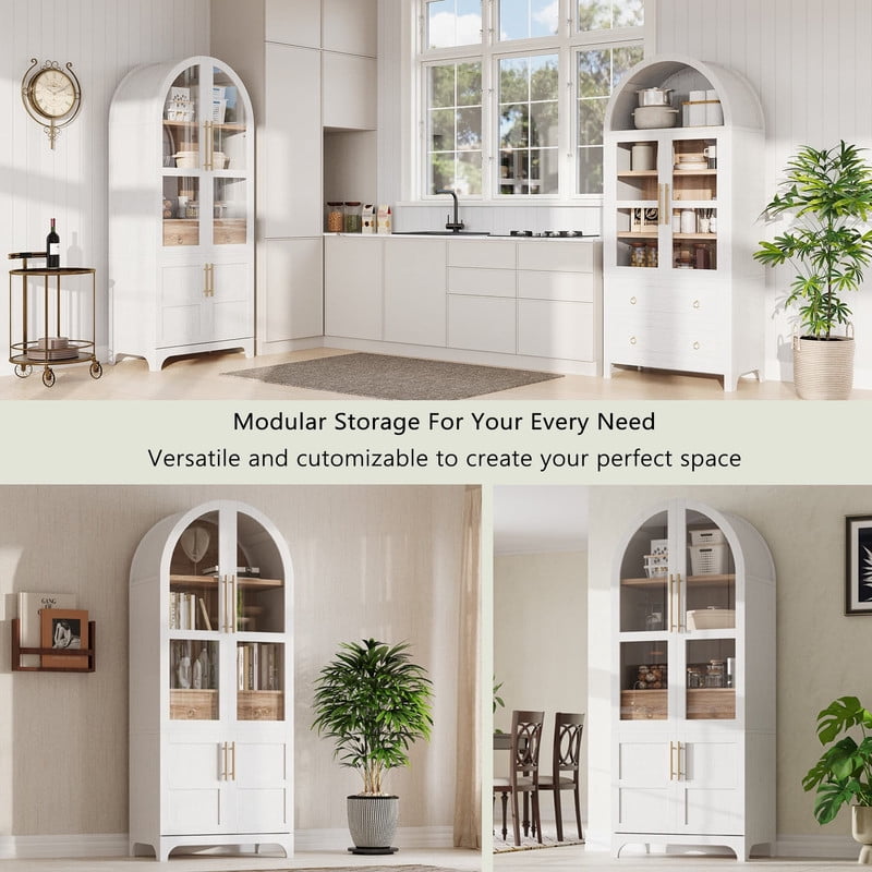 Arched Kitchen Pantry Cabinet with Door Shelves, 71" Tall Kitchen Storage Cabinet with Open & Adjustable Shelves, Freestanding Kitchen Cupboard with Hidden Drawer & Glass Door