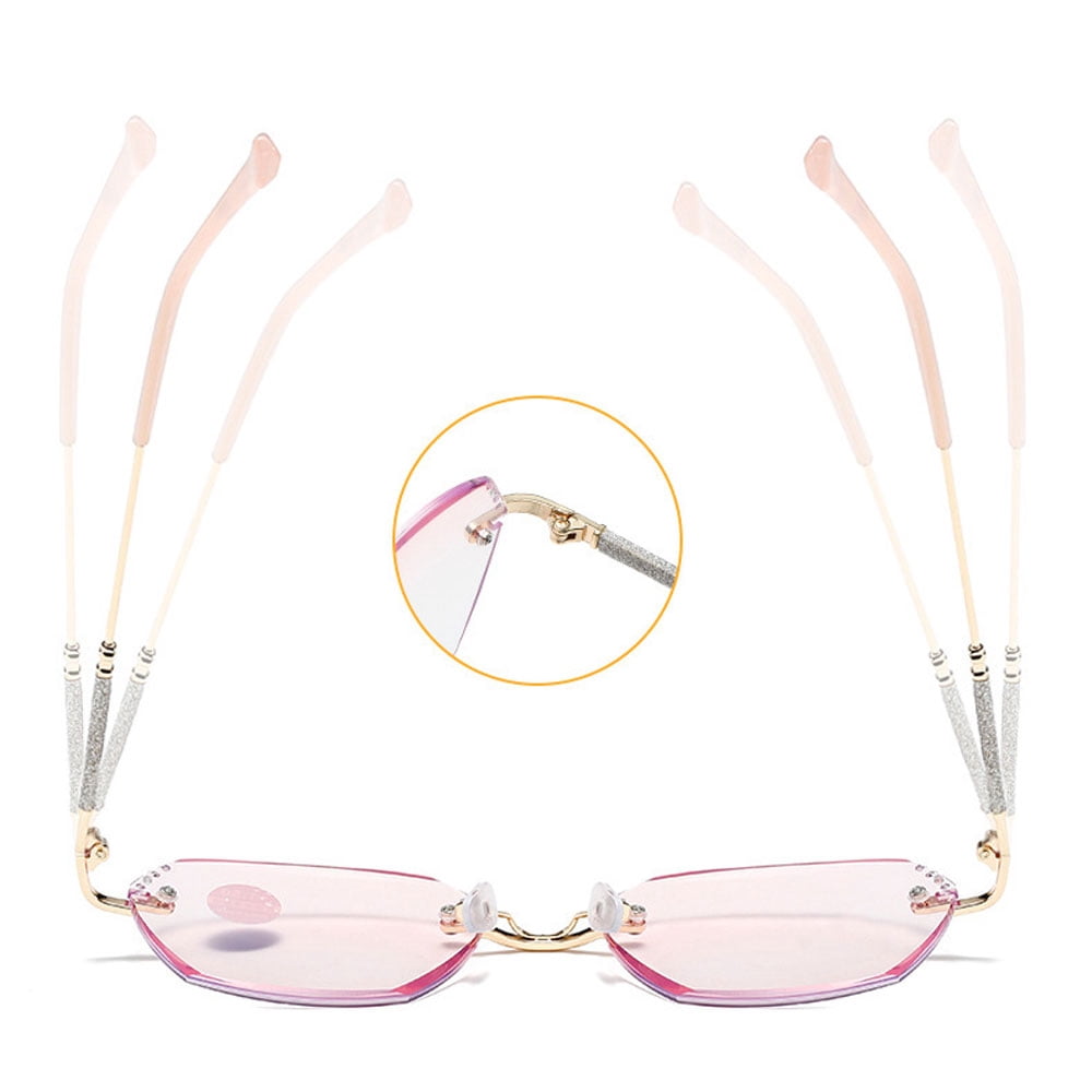 2 Pairs of New Rimless Diamond Trimming Gold Anti-Blue Light Reading Glasses Fashion Metal Gradient Pink Sunglasses Readers +1.00