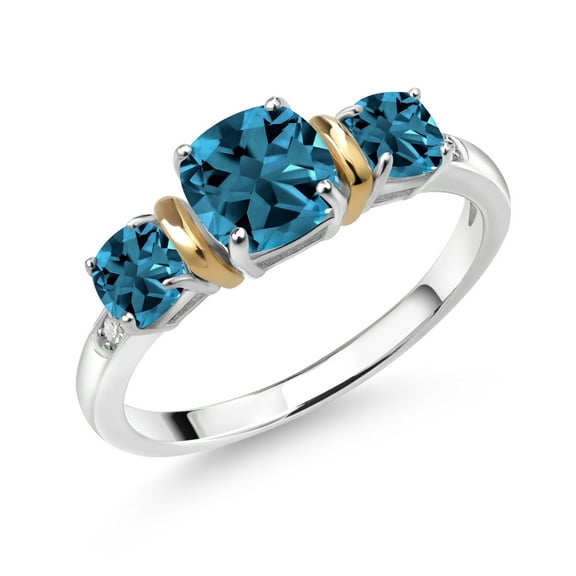 Gem Stone King 1.90 Cttw Cushion London Blue Topaz and White Diamond 3-Stone Ring for Women | 925 Sterling Silver and 10K Yellow Gold | Gemstone Birthstone (Size 7)