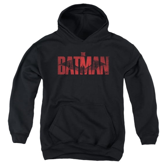 The Batman Crimson Drawn Bat Logo Kids Pull-Over Hoodie (X-Large) for Youth Boys and Girls, Black