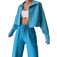 thumbnail image 2 of Arvbitana Women Pants Set Long Sleeve Solid Turn-down Collar Button Closure Cropped Jacket Cardigan Coat Top and Wide-Leg Pants Set Fall Slim Fit Cozy Outfit, 2 of 9