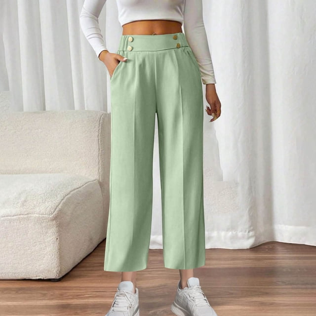 Women High Waisted Elastic Pants, Solid Color Casual Workwear, Stretchy Comfortable Fabric, Slim Fit Design, For Office Daily Use, Versatile Styling, Soft Cotton Blend, Long Length, 9-12 Months,