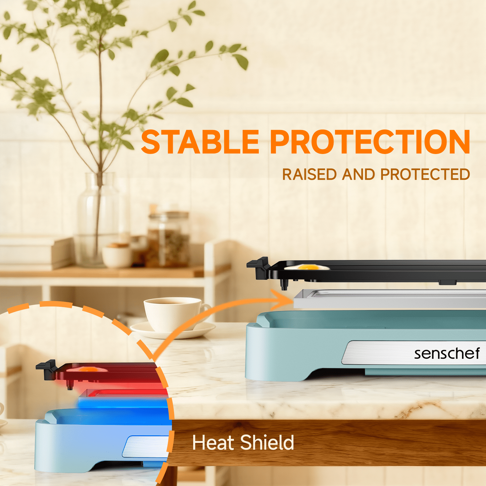 SENSCHEF Cleansnap Everyday 20 inch Electric Griddle, 1700W Rapid Heating, Foldable Anti-Mess Shield, PPG Ceramic Nonstick, Dishwasher Safe, Sage Blue