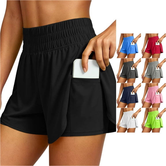 XIAOCHA Womens Solid Athletic Shorts Smocked High Waist Side Split Pocket Gym Bermudas