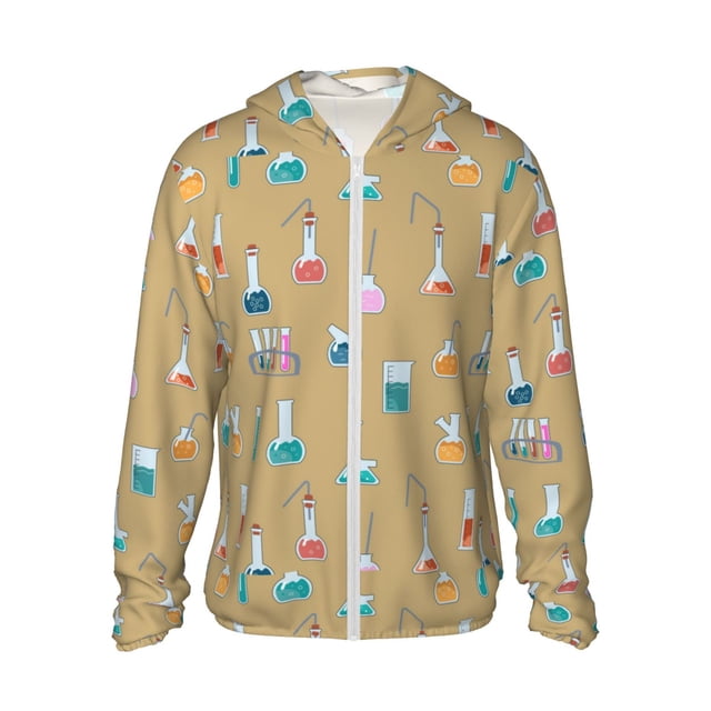 balery chemistry class sudadera ligera de manga larga con capucha y protección solar upf 50+ para hombre y mujer, ideal para pesca y running-small Vista frontal centrada de sudadera con cremallera y capucha, corte holgado, puños elásticos y abertura para el pulgar. Tejido jacquard 100% poliéster estampado 'Chemistry Class' sobre fondo beige mostaza con matraces y probetas en turquesa, naranja, rosa y azul; bolsillo interior indicado por la costura. Adecuada para pesca, running y senderismo; a menudo usada también como prenda ligera para viajes al aire libre.